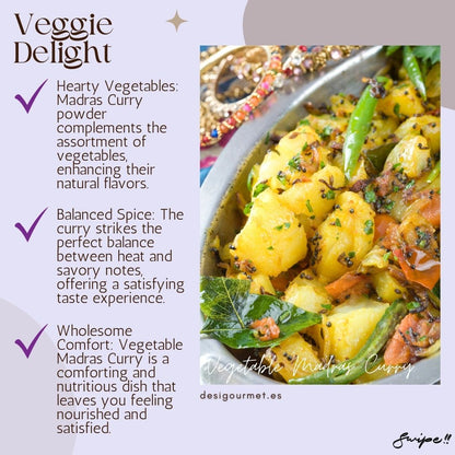 Veggie Delight: "Madras Curry powder enhances vegetables, striking a perfect balance between heat and savory notes in Vegetable Madras Curry. Nourishing and satisfying. Visit desighubourmet.com."