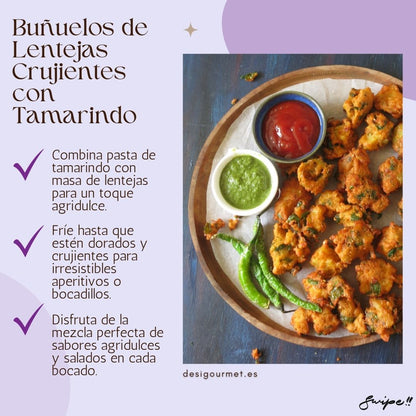 Buñuelos de Lentejas Crujientes con Tamarindo: Delight in crispy Tamarind Lentil Fritters! Tamarind paste adds a sweet and sour twist to these golden, crunchy bites. Perfect for appetizers or snacks.
