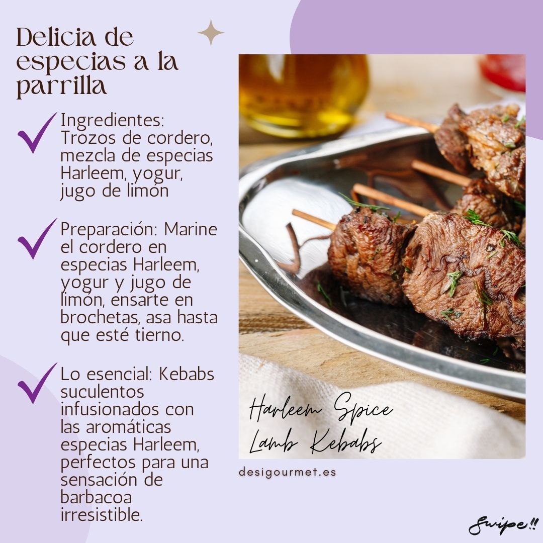 Delicia de especias a la parrilla  "Enjoy succulent Harleem Spice Lamb Kebabs, marinated in aromatic spices, yogurt, and lemon juice. Ideal for BBQ lovers looking for a flavorful and juicy treat."