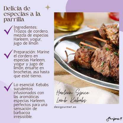 Delicia de especias a la parrilla  "Enjoy succulent Harleem Spice Lamb Kebabs, marinated in aromatic spices, yogurt, and lemon juice. Ideal for BBQ lovers looking for a flavorful and juicy treat."