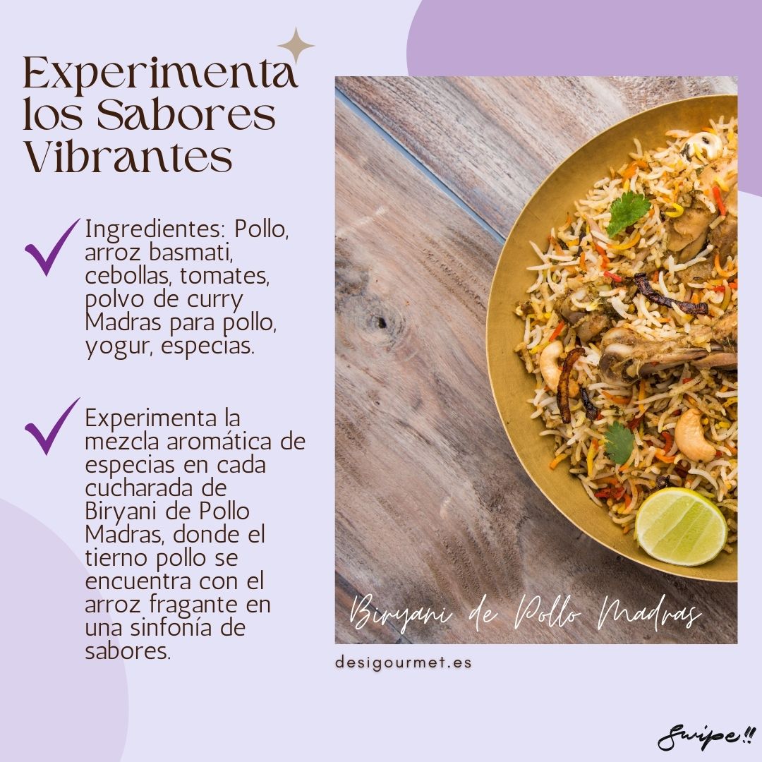 Experimenta los Sabores Vibrantes  "Biryani de Pollo Madras: Experience the aromatic mix of spices in each spoonful of this flavorful chicken and basmati rice dish."
