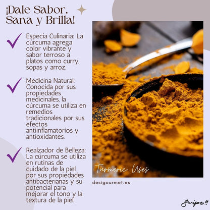 ¡Dale Sabor, Sana y Brilla!: "La cúrcuma es perfecta para platos como curry, sopas y arroz, con propiedades medicinales y beneficios para la piel. Descubre más usos en desighubourmet.com."