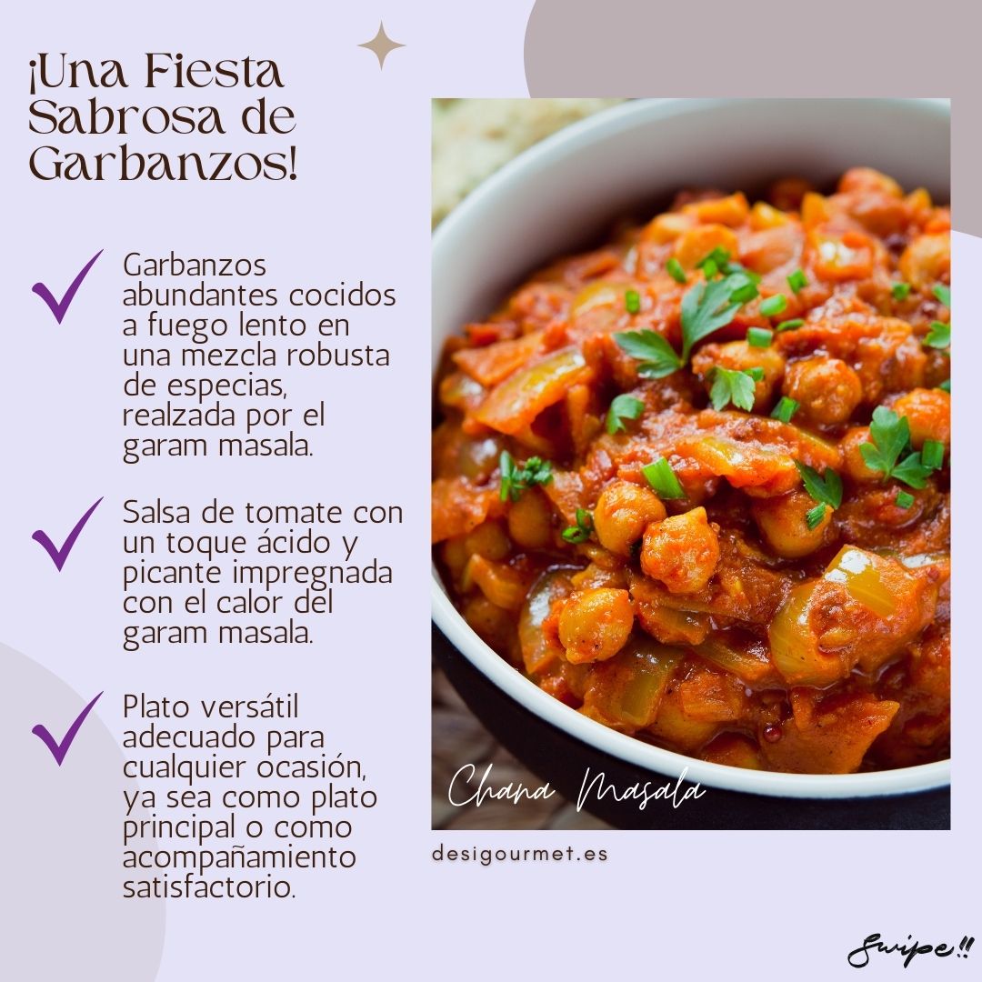 Abundant chickpeas cooked slowly in a robust spice mix, highlighted by garam masala. Tomato sauce with an acidic, spicy touch, ideal as a main or side dish.