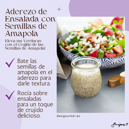 Aderezo de Ensalada con Semillas de Amapola Add texture and flavor to your salads with poppy seed dressing. A delicious crunch that enhances the taste of fresh vegetables and elevates your salad game.