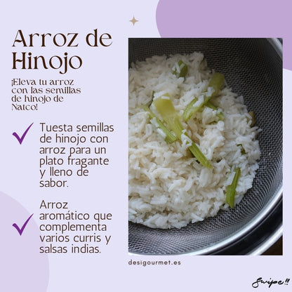 "Eleva tu arroz con las semillas de hinojo de Natco. Tuesta con arroz para un plato fragante y lleno de sabor. Arroz aromático que complementa curris y salsas indias."