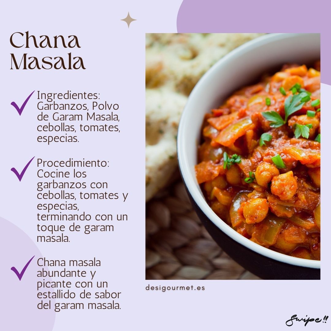 Chana Masala: "Savor the robust flavors of Chana Masala. Chickpeas cooked with onions, tomatoes, and garam masala for a spicy, aromatic, and hearty meal. Perfect with rice or naan."