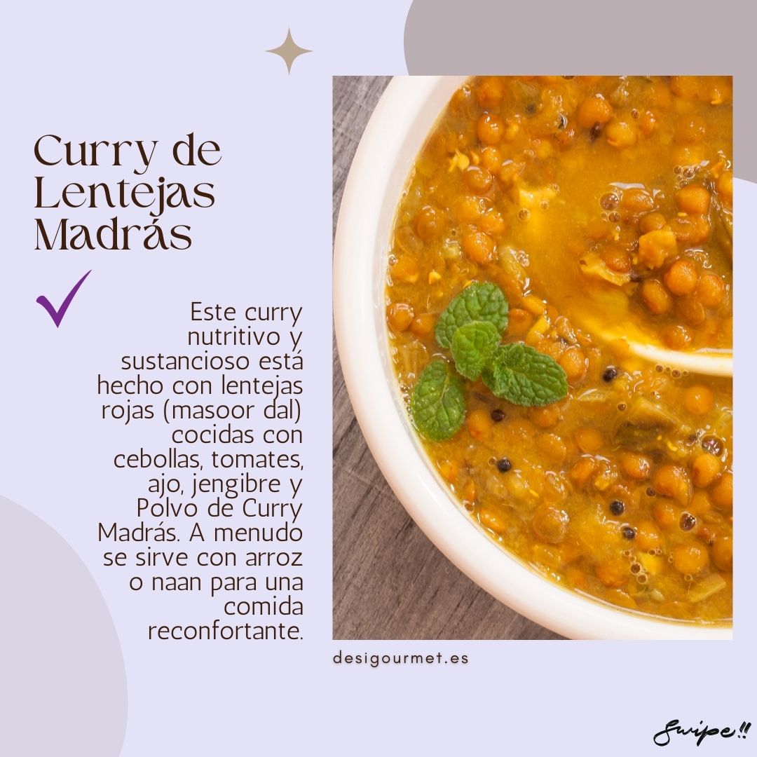 Curry de Lentejas Madrás  Meta Description: Indulge in a nutritious Madras lentil curry made with red lentils, onions, tomatoes, garlic, ginger, and Madras curry powder. Served with rice or naan for a comforting meal.