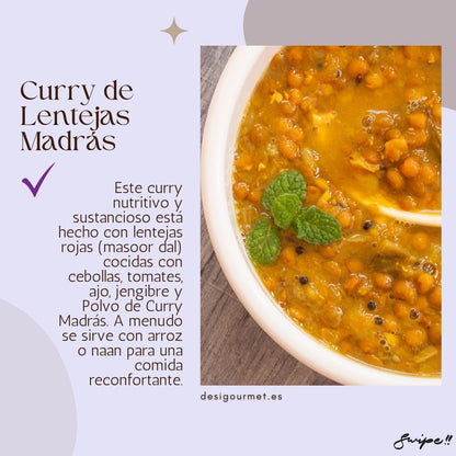 Curry de Lentejas Madrás  Meta Description: Indulge in a nutritious Madras lentil curry made with red lentils, onions, tomatoes, garlic, ginger, and Madras curry powder. Served with rice or naan for a comforting meal.