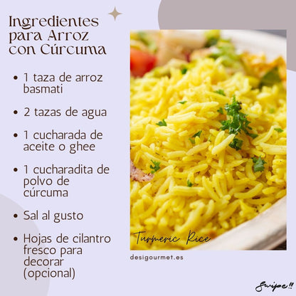 Ingredientes para Arroz con Cúrcuma: "Receta fácil de Arroz con Cúrcuma: arroz basmati, agua, aceite o ghee, polvo de cúrcuma y cilantro fresco. Encuentra los detalles completos en desighubourmet.com."