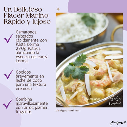 Indulge in succulent shrimp cooked in a creamy korma sauce with Patak's Korma Paste. A quick, luxurious meal paired perfectly with jasmine rice. Try it today at desighubourmet.com.