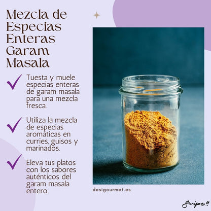 "Tuesta y muele garam masala entero para una mezcla fresca. Utiliza en curries, guisos y marinados para elevar tus platos con sabores auténticos."
