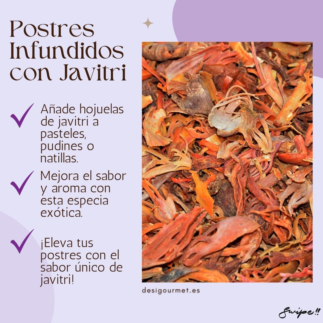"Add javitri flakes to cakes, puddings, or custards. Enhance flavor and aroma with this exotic spice. Elevate your desserts with the unique taste of javitri."