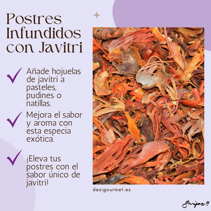 "Add javitri flakes to cakes, puddings, or custards. Enhance flavor and aroma with this exotic spice. Elevate your desserts with the unique taste of javitri."