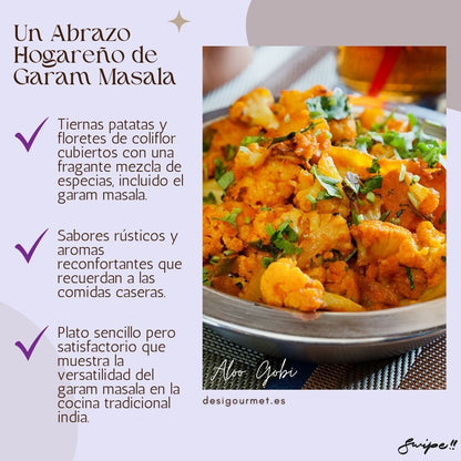 Tender potatoes and cauliflower florets covered with a fragrant spice mix, including garam masala. Rustic and comforting flavors reminiscent of homemade meals.