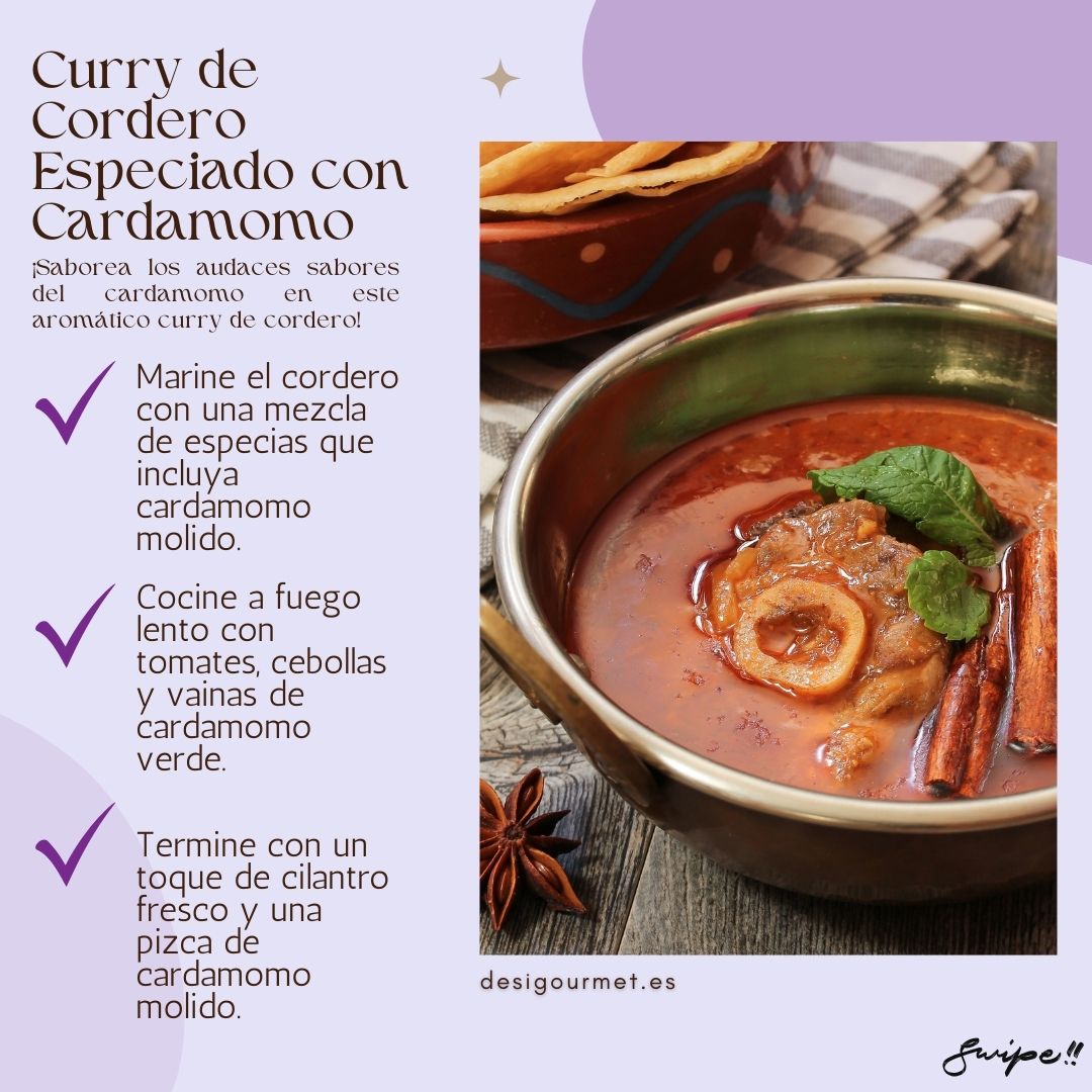4. Curry de Cordero Especiado con Cardamomo  Meta Description: Savor the bold flavors of Spiced Lamb Curry with Cardamom. Marinate lamb with cardamom, slow-cook with tomatoes, onions, and green cardamom pods. Finish with fresh cilantro and ground cardamom.