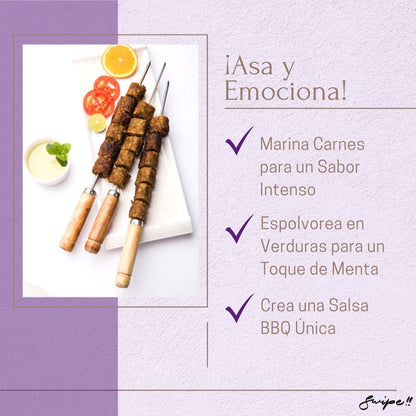 Image 4: ¡Asa y Emociona! Meta Description: "Grill and excite with Podina. Marinate meats for intense flavor, sprinkle on veggies for a minty touch, or create a unique BBQ sauce."