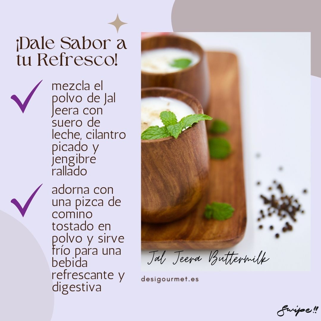 Dale Sabor a tu Refresco: "Mix Jal Jeera powder with buttermilk, chopped cilantro, and grated ginger. Garnish with toasted cumin for a refreshing, digestive drink. Serve cold for the best taste."