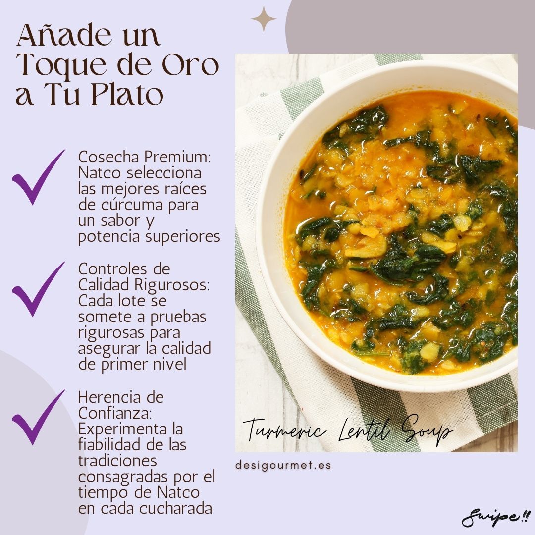 Image 5: Anade un Toque de Oro a Tu Plato "Natco Turmeric Powder: Premium quality, rigorous testing, and trusted traditions. Add a golden touch to your dishes with superior flavor and potency. desighubourmet.com"