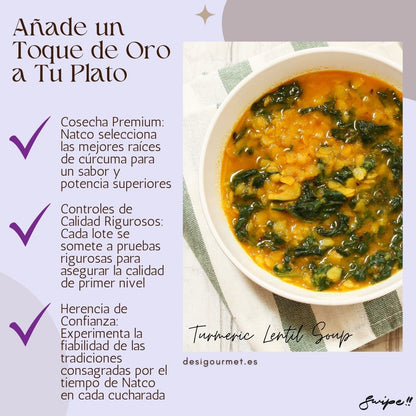 Image 5: Anade un Toque de Oro a Tu Plato "Natco Turmeric Powder: Premium quality, rigorous testing, and trusted traditions. Add a golden touch to your dishes with superior flavor and potency. desighubourmet.com"