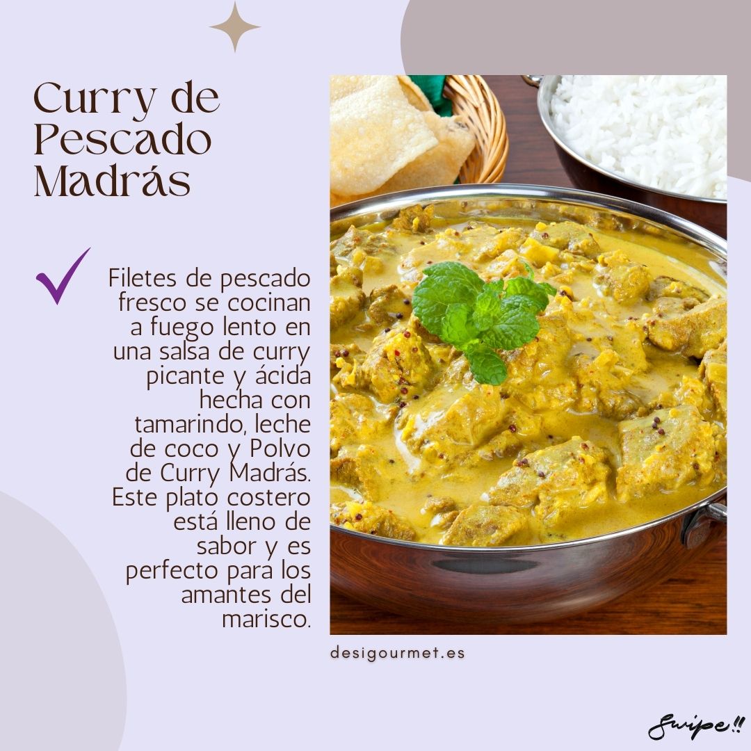 Curry de Pescado Madrás  Meta Description: Delight in fresh fish fillets slow-cooked in a tangy, spicy Madras curry sauce with tamarind, coconut milk, and Madras curry powder. Perfect for seafood lovers.