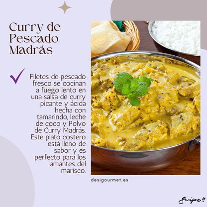 Curry de Pescado Madrás  Meta Description: Delight in fresh fish fillets slow-cooked in a tangy, spicy Madras curry sauce with tamarind, coconut milk, and Madras curry powder. Perfect for seafood lovers.