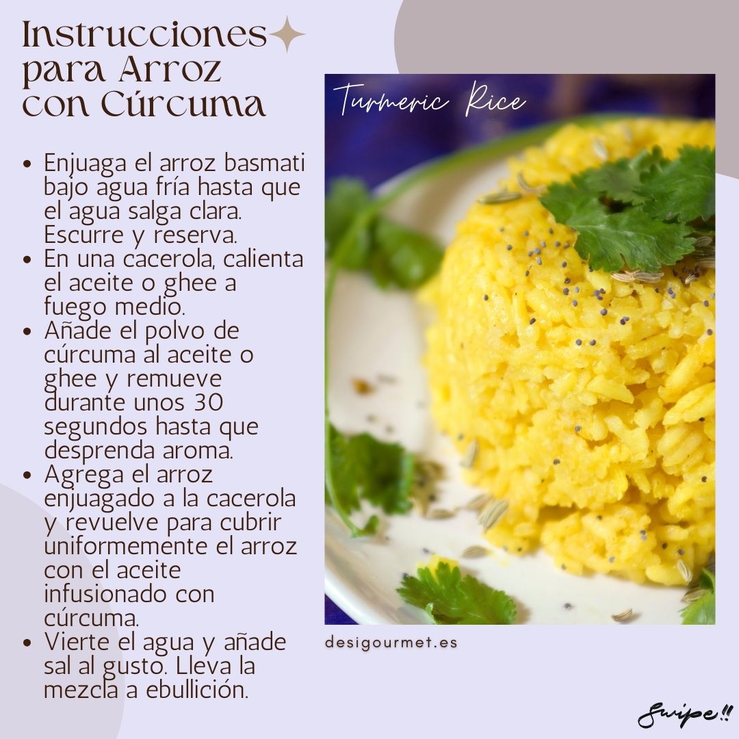 Instrucciones para Arroz con Cúrcuma (Parte 1): "Aprende a preparar Arroz con Cúrcuma con esta receta paso a paso. Desde el enjuague del arroz hasta la cocción perfecta. Más recetas en desighubourmet.com."