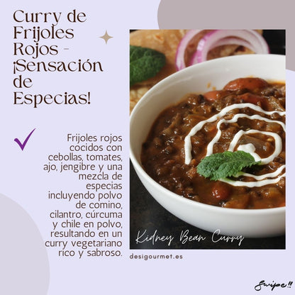Image: Curry de Frijoles Rojos - ¡Sensación de Especias! "Experience the rich taste of Kidney Bean Curry. Red beans cooked with onions, tomatoes, ginger, and a blend of spices including cumin, coriander, turmeric, and chili powder."