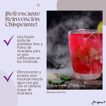 "Revamp your mocktails with a fusion of cranberry, lime, and Anardana Powder. Sparkling and tangy, perfect for a refreshing twist. #MocktailMagic"