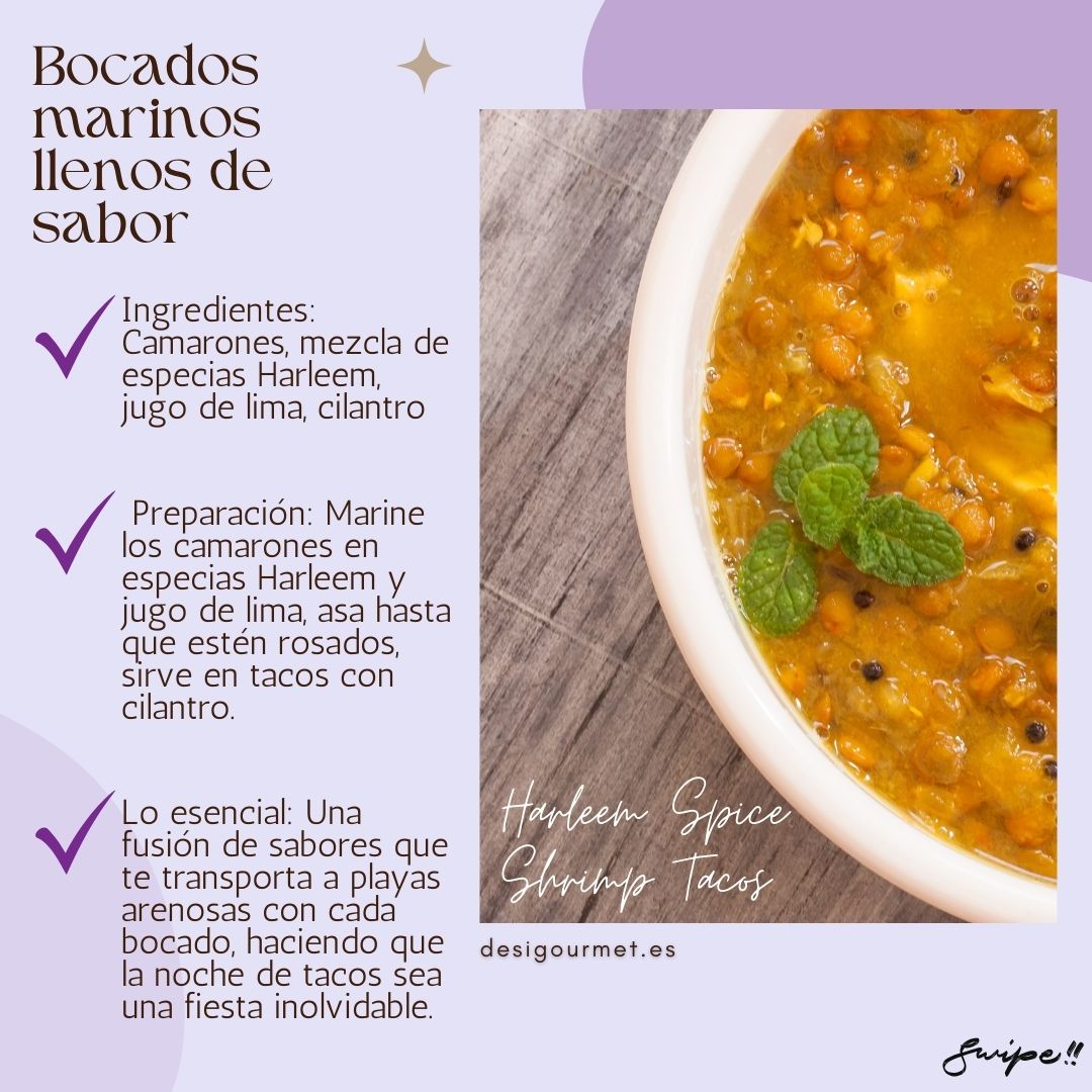 Bocados marinos llenos de sabor  "Transport your taste buds to sandy beaches with Harleem Spice Shrimp Tacos. Infused with lime juice and cilantro, these tacos offer a refreshing and flavorful seafood delight. Perfect for taco nights."