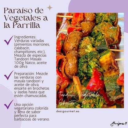 Paraíso de Vegetales a la Parrilla: "Vegetarian Tandoori Skewers with Natco Tandoori Masala. Mix veggies with olive oil and masala, skewer, and grill for a colorful, flavorful BBQ option. #VegetableSkewers"