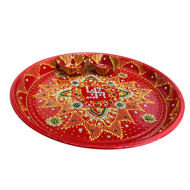Plato decorativo para Pooja | Red Coloured Decorated Thali Set For Pooja (Medium)
