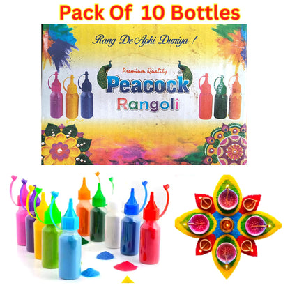 Polvo de color Rangoli | Rangoli Multicolour in Special Squeeze Bottles (10bottles) 1kg Peacock