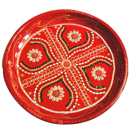 Plato decorativo para Pooja | Red Coloured Decorated Thali  For Pooja (Big)