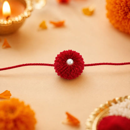 Pulseras | Rakhi Colourful Pom-Pom with Pearl Bead in Red (€0.50 per unit)