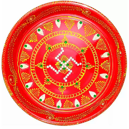 Plato decorativo para Pooja | Red Coloured Decorated Thali  For Pooja (Big)