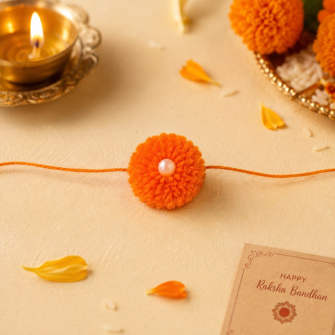 Pulseras | Rakhi Colourful Pom-Pom with Pearl Bead in Orange (€0.50 per unit)