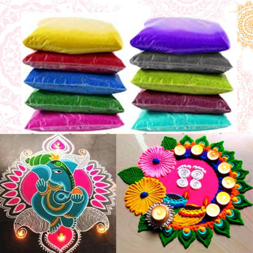 Polvo de color Rangoli | Rangoli Multicolour Pauch Pack (10units) 1kg Peacock