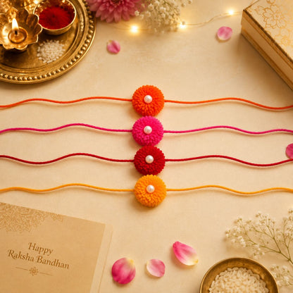 Pulseras | Rakhi Colourful Pom-Pom with Pearl Bead in Red (€0.50 per unit)