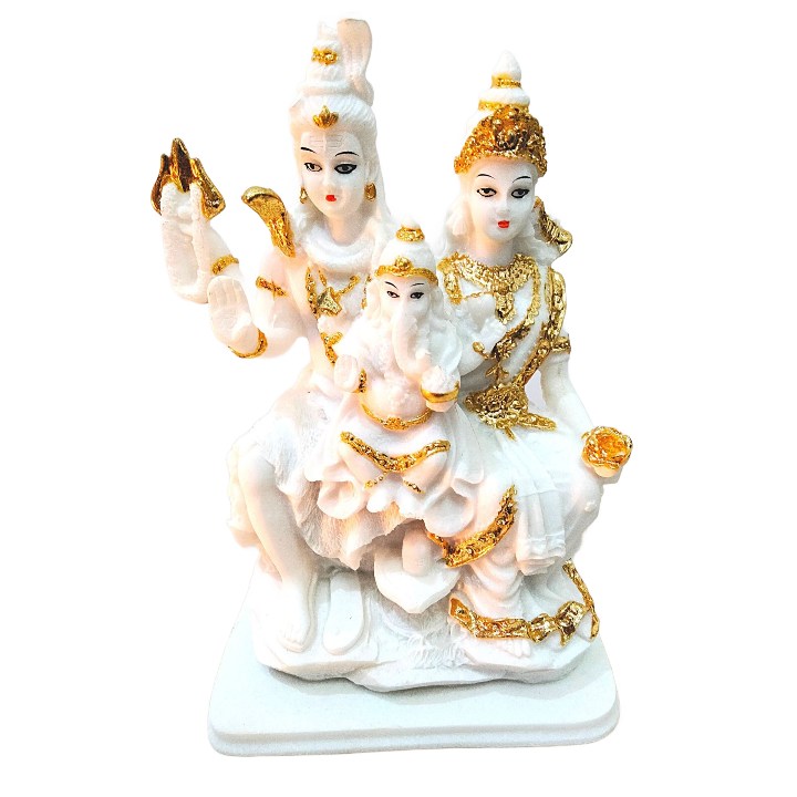 Lord Shiva Parvati with Ganesh Family Statue in White Marble (Idol)