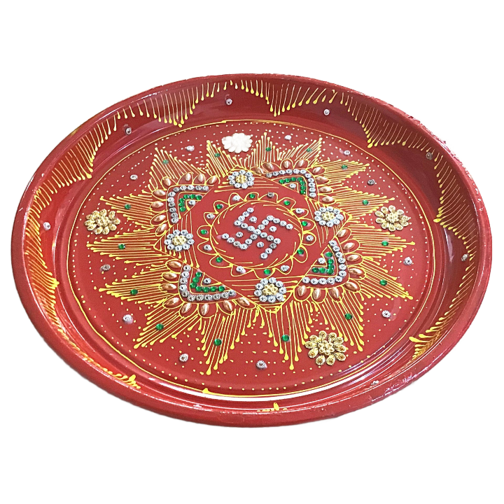 Plato decorativo para Pooja | Red Coloured Decorated Thali  For Pooja (Big)