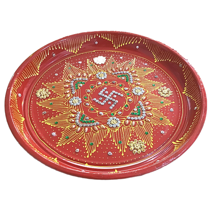 Decorative Plate for Pooja | Red Colored Decorated Thali For Pooja (Medium)