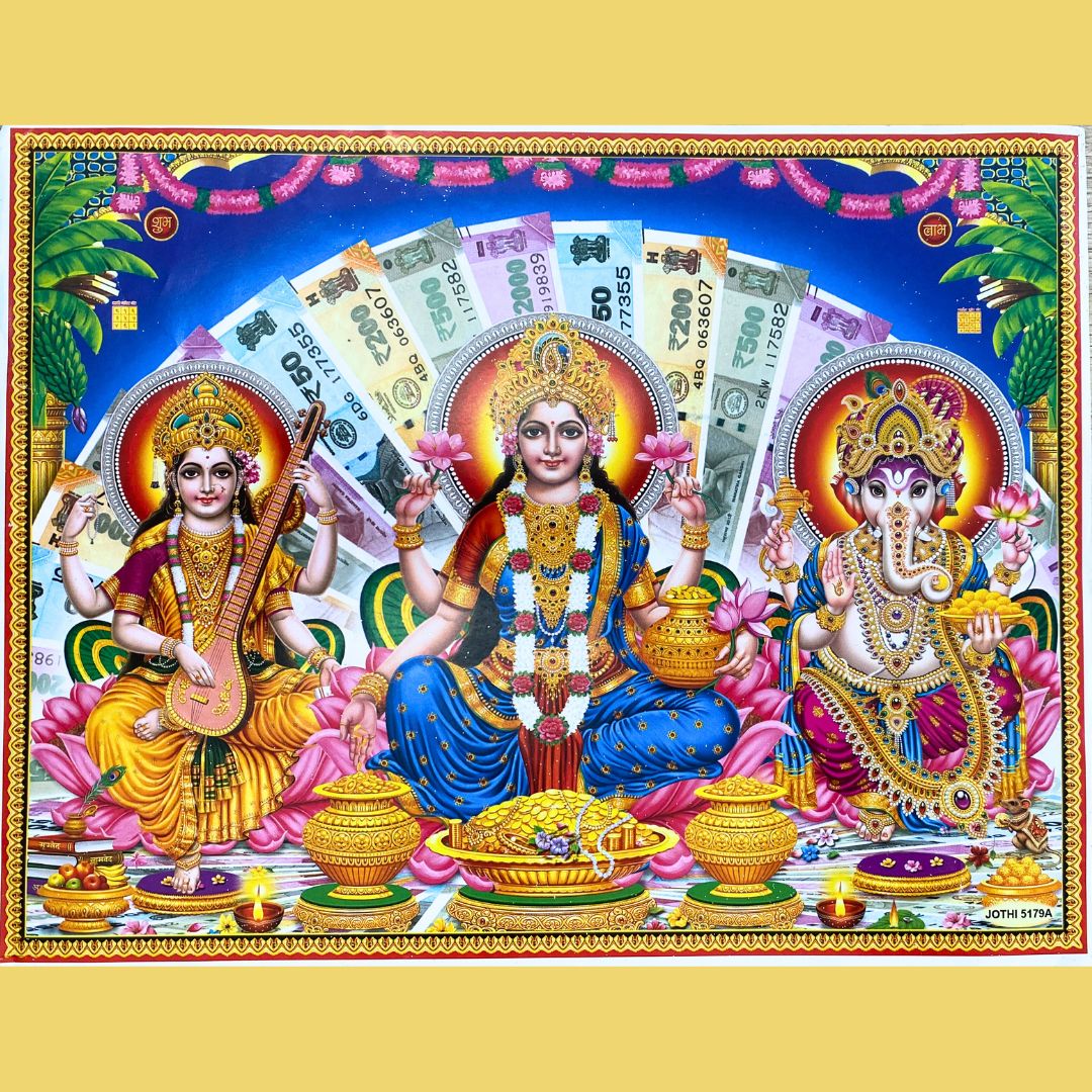 Lakshmi, Ganesha and Saraswati, a Poster | Lakshmi, Ganesha &amp; Saraswati with shubh labh, a Poster