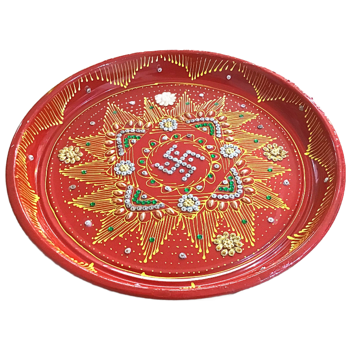 Plato decorativo para Pooja | Red Coloured Decorated Thali  For Pooja (Big)