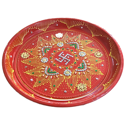 Decorative Plate for Pooja | Red Colored Decorated Thali For Pooja (Medium)