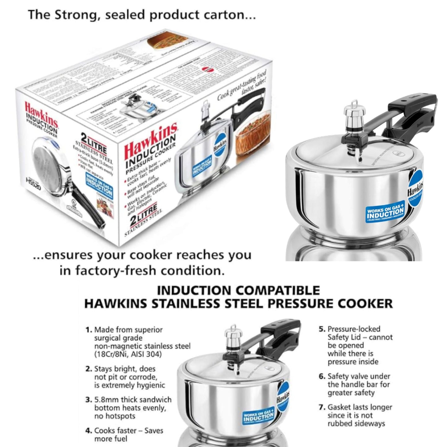 Olla de presion | Pressure Cooker (Stainless Steel) Hawkins 2Ltr. (Gas+Induccion) HSS20