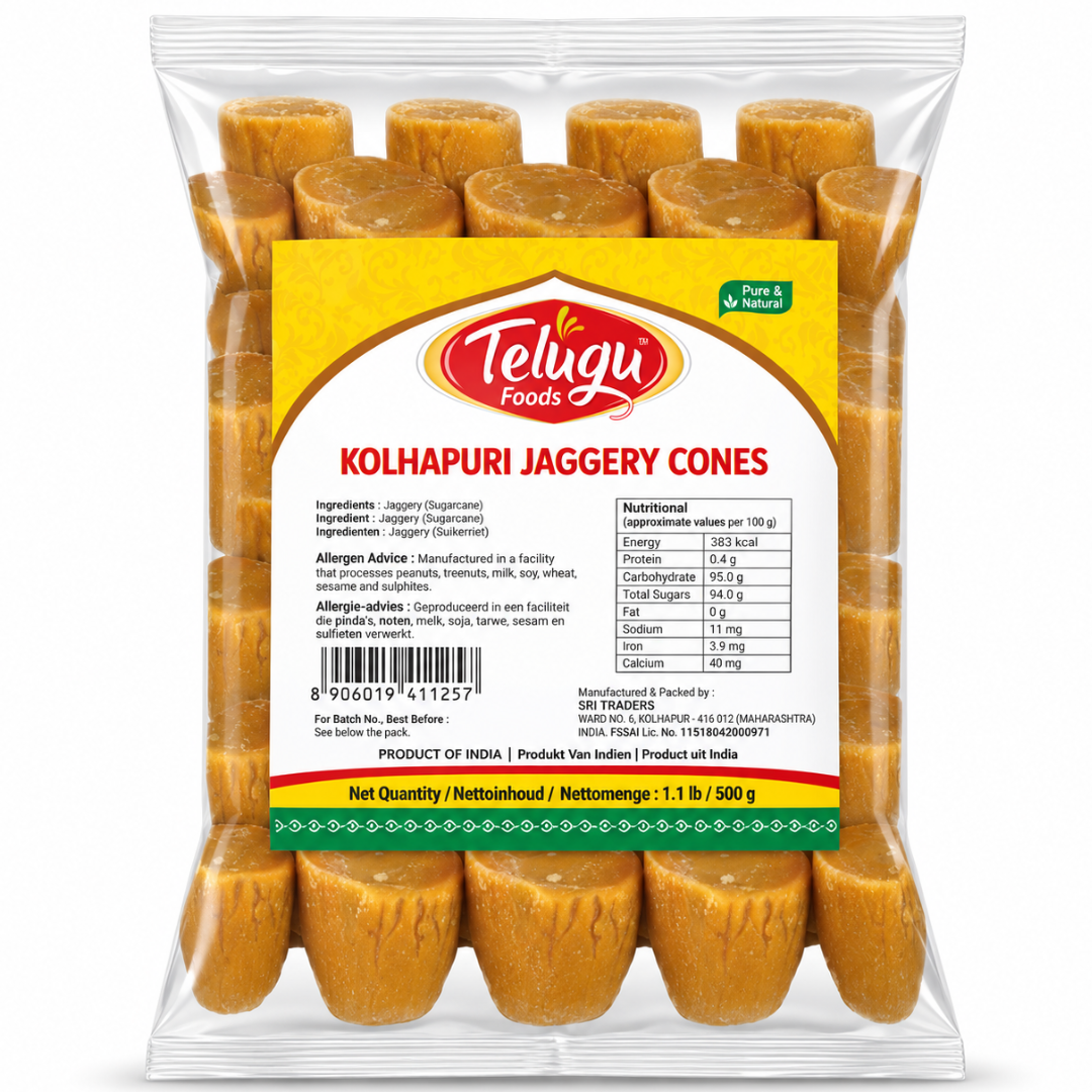 Azúcar Integral Puro de Caña en cubos (Panela) | Cane Sugar Jaggery Cubes | Kolhapuri Jaggery Cones 500g Telugu Foods