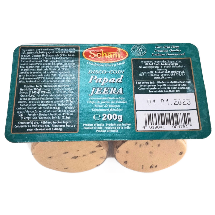 Small Cumin Papadum | Mini Cumin Papad (Disco Coin) 200g Schani