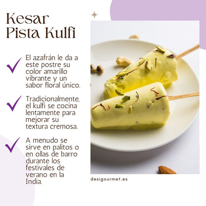 El azafrán le da a este postre su color amarillo vibrante y un sabor floral único.
Tradicionalmente, el kulfi se cocina lentamente para mejorar su textura cremosa.
A menudo se sirve en palitos o en ollas de barro durante los festivales de verano en la India.
