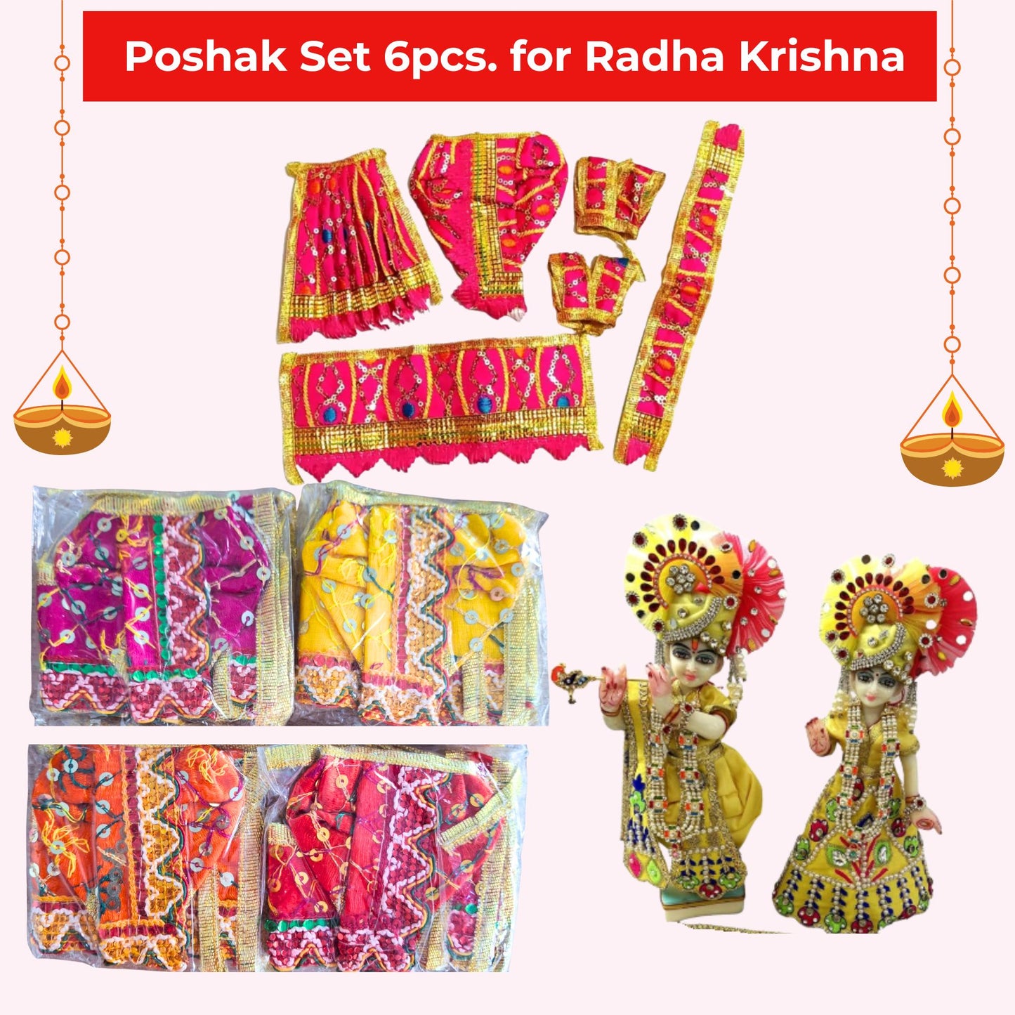 Vestido de Radha-Krishna de dios | Radha-Krishna 6pcs. Poshak Set in Multicolour (L) in size