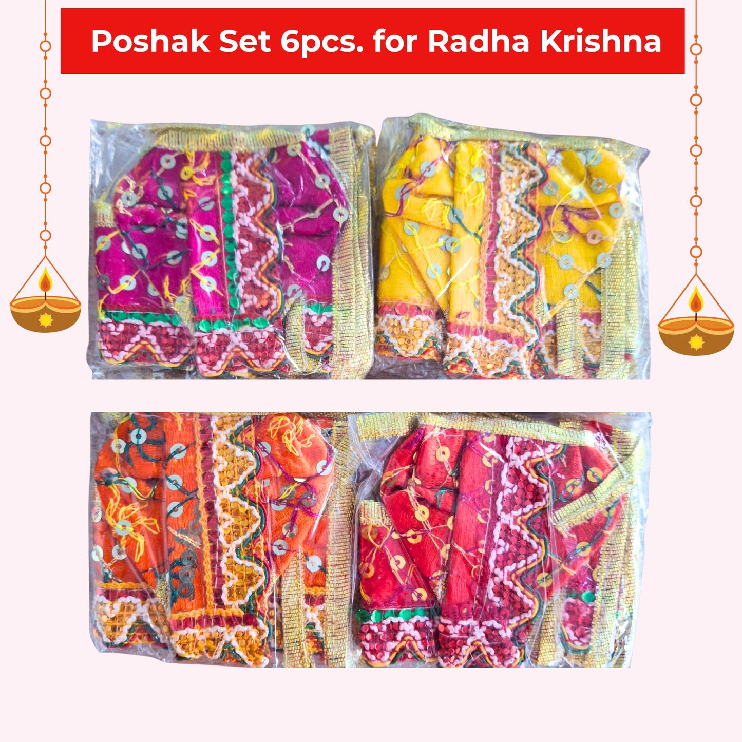 Vestido de Radha-Krishna de dios | Radha-Krishna 6pcs. Poshak Set in Multicolour (L) in size
